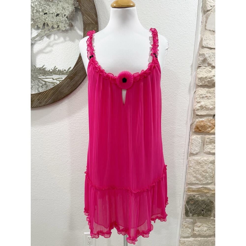 Betsey Johnson Intimates Pleated Sheer Babydoll Nightgown Chemise Hot Pink Large